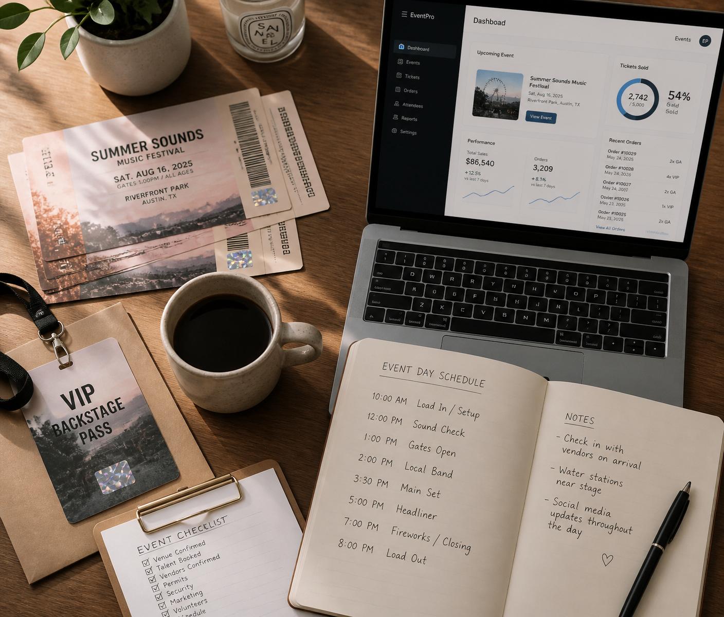 Organizer desk with printed tickets, laptop dashboard, and event day schedule
